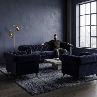 Niebieski zestaw wypoczynkowy Chesterfield Designer 3 osobowa sofa 2 fotele tapicerowane 3 częściowy.