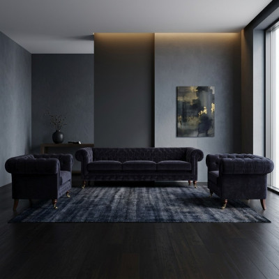 Niebieski zestaw wypoczynkowy Chesterfield Designer 3 osobowa sofa 2 fotele tapicerowane 3 częściowy.
