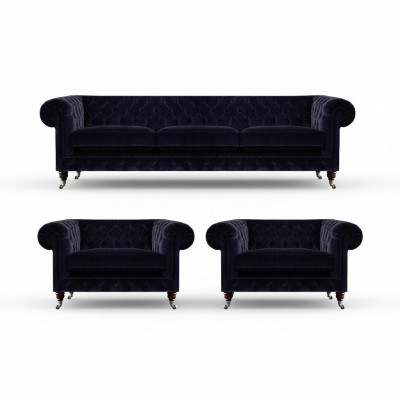 Niebieski zestaw wypoczynkowy Chesterfield Designer 3 osobowa sofa 2 fotele tapicerowane 3 częściowy.