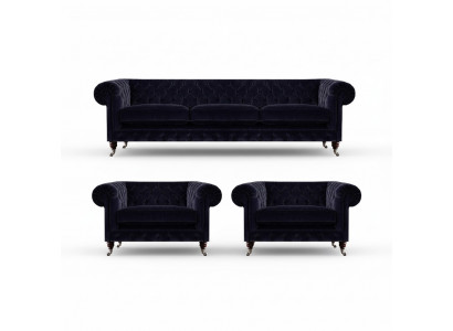 Niebieski zestaw wypoczynkowy Chesterfield Designer 3 osobowa sofa 2 fotele tapicerowane 3 częściowy.