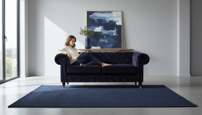Granatowy Chesterfield dwuosobowa sofa do salonu z wysokiej jakości tkaniny