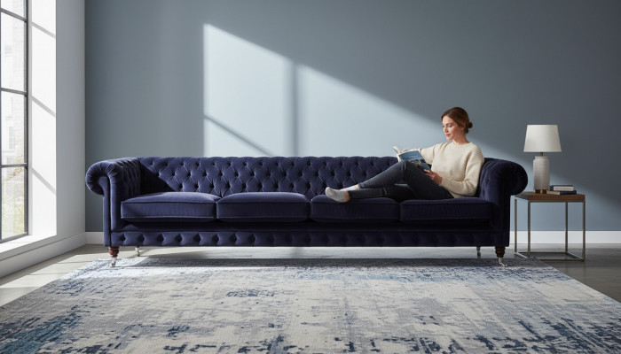 Chesterfield ciemnoniebieski 4-osobowa sofa salonowa meble tapicerowane.