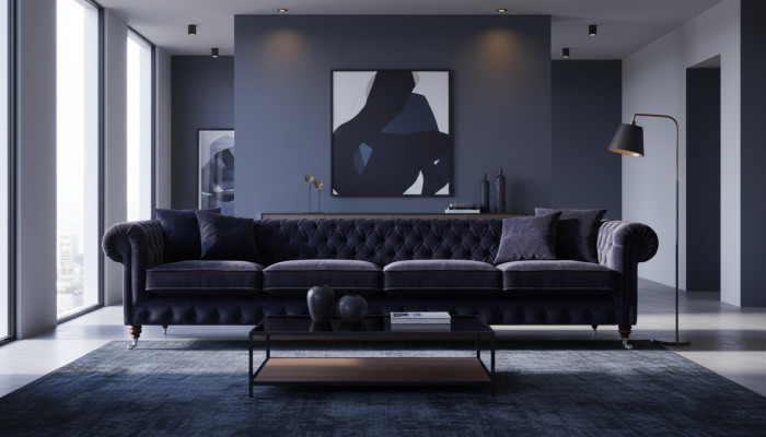 Chesterfield ciemnoniebieski 4-osobowa sofa salonowa meble tapicerowane.