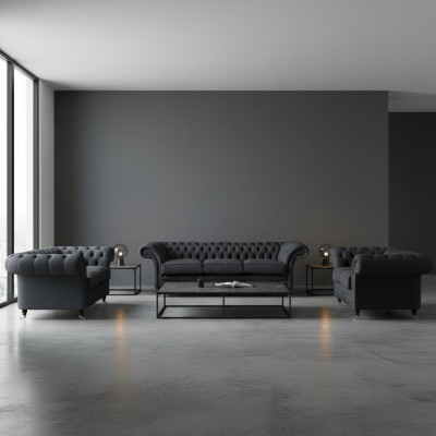 Elegancki szary zestaw sof Chesterfield do salonu, projektowane sofy projektanta, 3-elementowy zestaw.