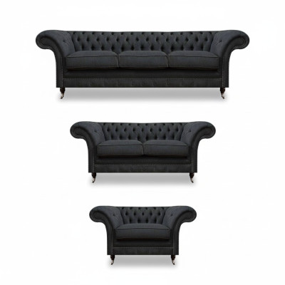 Elegancki szary zestaw sof Chesterfield do salonu, projektowane sofy projektanta, 3-elementowy zestaw.