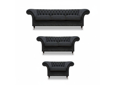 Elegancki szary zestaw sof Chesterfield do salonu, projektowane sofy projektanta, 3-elementowy zestaw.
