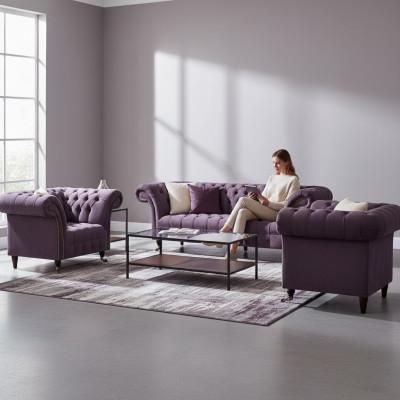 Chesterfield ciemnofioletowa sofa trzyosobowa 2x fotel tekstylny 3 elementy