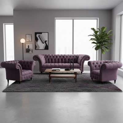 Chesterfield ciemnofioletowa sofa trzyosobowa 2x fotel tekstylny 3 elementy