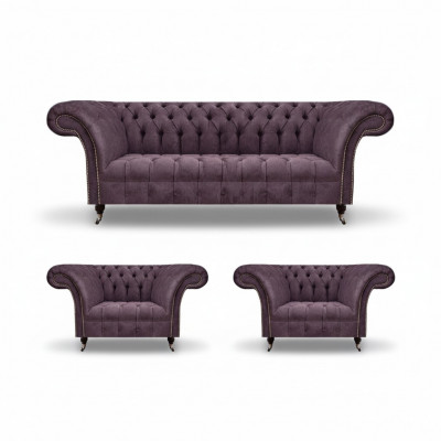 Chesterfield ciemnofioletowa sofa trzyosobowa 2x fotel tekstylny 3 elementy