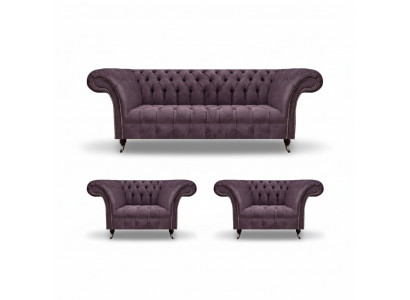 Chesterfield ciemnofioletowa sofa trzyosobowa 2x fotel tekstylny 3 elementy
