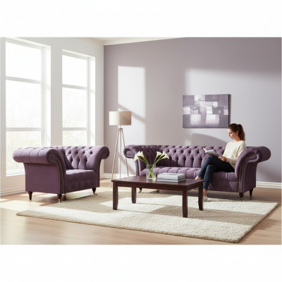 Chesterfield Fioletowa Kanapa w Salonie Z Eleganckim 3-Osobowym Fotelem Tekstylnym