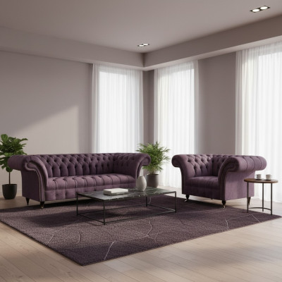 Chesterfield Fioletowa Kanapa w Salonie Z Eleganckim 3-Osobowym Fotelem Tekstylnym
