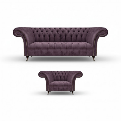 Chesterfield Fioletowa Kanapa w Salonie Z Eleganckim 3-Osobowym Fotelem Tekstylnym