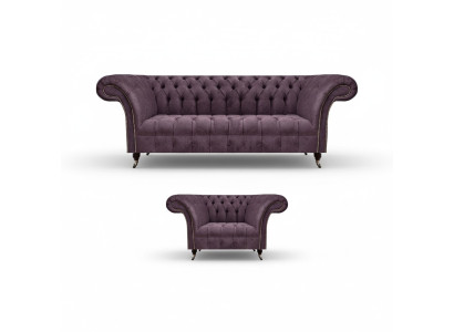 Chesterfield Fioletowa Kanapa w Salonie Z Eleganckim 3-Osobowym Fotelem Tekstylnym