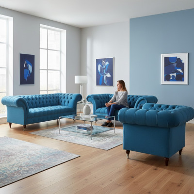 Chesterfield Jasnoniebieskie meble designerskie - Szlachetna 3-osobowa sofa dwuosobowa 3 częściowa.