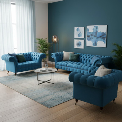 Chesterfield Jasnoniebieskie meble designerskie - Szlachetna 3-osobowa sofa dwuosobowa 3 częściowa.