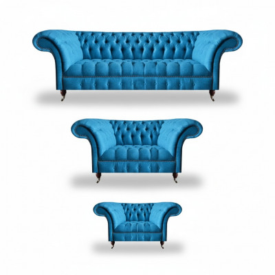 Chesterfield Jasnoniebieskie meble designerskie - Szlachetna 3-osobowa sofa dwuosobowa 3 częściowa.