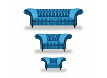 Chesterfield Jasnoniebieskie meble designerskie - Szlachetna 3-osobowa sofa dwuosobowa 3 częściowa.