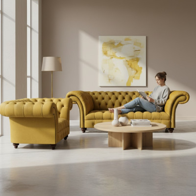 Projektant salonu Nowoczesny żółty zestaw wypoczynkowy 2 sofy Chesterfield.