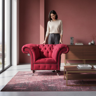 Fotel Chesterfield Różowy Mebel Designerski Luksusowy Fotel Tekstylia Salon