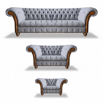 Chesterfield Jasnoszara pokrowiec Kanapa Tkanina Designer 3-częściowy zestaw