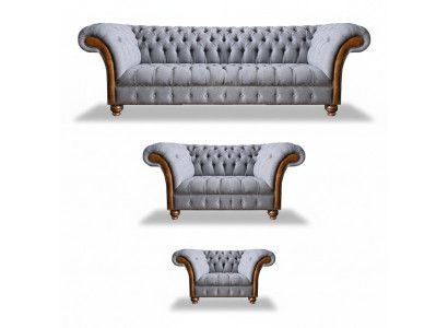 Chesterfield Jasnoszara pokrowiec Kanapa Tkanina Designer 3-częściowy zestaw
