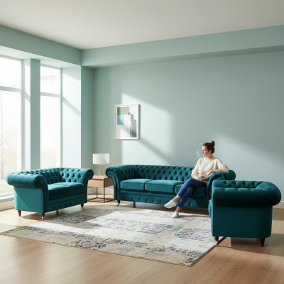 Zielony zestaw mebli pokojowych Chesterfield, zestaw mebli designerskich luksusowych.