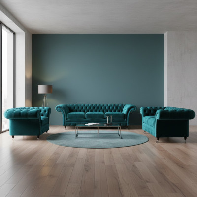 Zielony zestaw mebli pokojowych Chesterfield, zestaw mebli designerskich luksusowych.