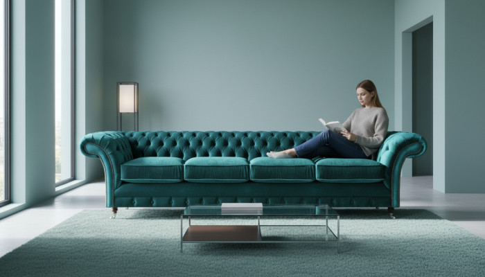 Elegancka zielona sofa z pikowanym oparciem Chesterfield - nowoczesna czteromiejscowa sofa tapicerowana.
