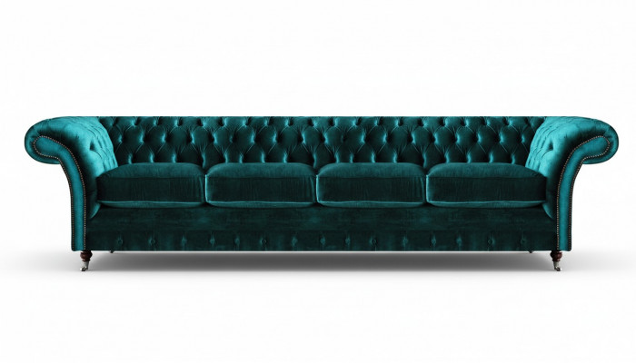 Elegancka zielona sofa z pikowanym oparciem Chesterfield - nowoczesna czteromiejscowa sofa tapicerowana.