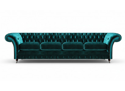 Elegancka zielona sofa z pikowanym oparciem Chesterfield - nowoczesna czteromiejscowa sofa tapicerowana.