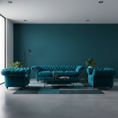 Chesterfield Niebieskie Kanapy Fotele Sofy Pokój Dzienny Tekstylne Meble Siedzące 3 szt.