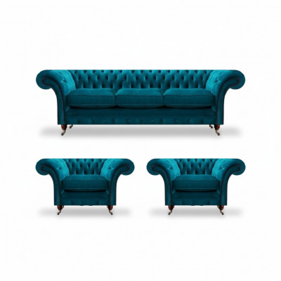 Chesterfield Niebieskie Kanapy Fotele Sofy Pokój Dzienny Tekstylne Meble Siedzące 3 szt.