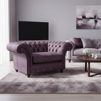 Chesterfield Fioletowy fotel skórzany do salonu, jednoosobowy, elegancki.