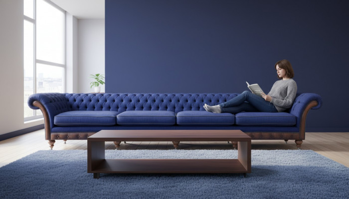 Niebieski Chesterfield Salon Czteromiejscowa Sofa - ekskluzywne meble tapicerowane