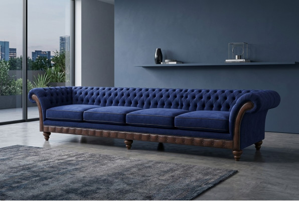 Niebieski Chesterfield Salon Czteromiejscowa Sofa - ekskluzywne meble tapicerowane