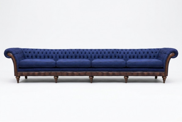 Niebieski Chesterfield Salon Czteromiejscowa Sofa - ekskluzywne meble tapicerowane