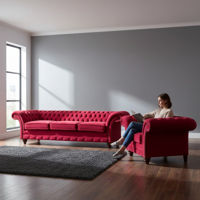 Chesterfield Czerwony zestaw wypoczynkowy z kanapą Meble tapicerowane Fotel tekstylny Sofa trzyosobowa