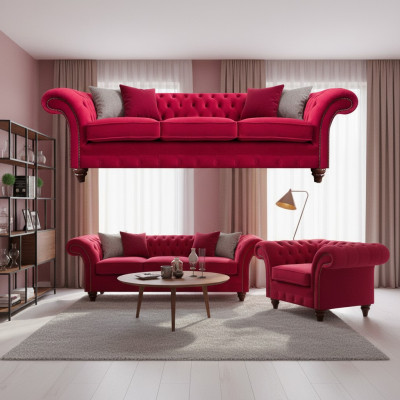 Chesterfield Czerwony zestaw wypoczynkowy z kanapą Meble tapicerowane Fotel tekstylny Sofa trzyosobowa