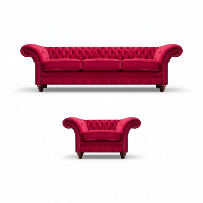 Chesterfield Czerwony zestaw wypoczynkowy z kanapą Meble tapicerowane Fotel tekstylny Sofa trzyosobowa