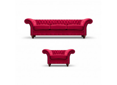 Chesterfield Czerwony zestaw wypoczynkowy z kanapą Meble tapicerowane Fotel tekstylny Sofa trzyosobowa
