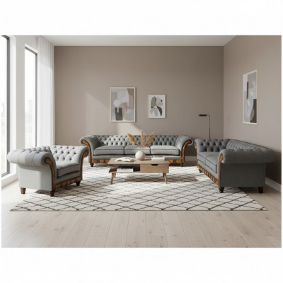 Chesterfield jasnoszara sofa w pomieszczeniu w salonie wspaniały zestaw.