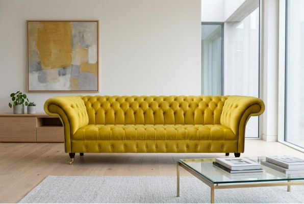 Chesterfield Żółta czteromiejscowa sofa design meble tapicerowane do salonu