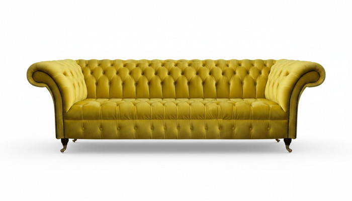 Chesterfield Żółta czteromiejscowa sofa design meble tapicerowane do salonu