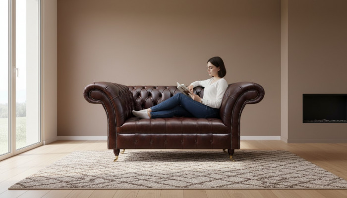Brązowa sofa Chesterfield z ekoskóry, dwuosobowa, zaprojektowana przez projektantów mebli.