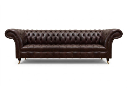 Brązowa sofa Chesterfield z eko skóry. Nowoczesna czteromiejscowa kanapa.