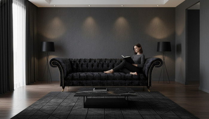 Chesterfield Nowoczesny czarny czteromiejscowy elegancki mebel tapicerowany 4-osobowy