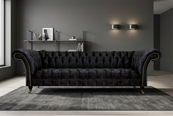 Chesterfield Nowoczesny czarny czteromiejscowy elegancki mebel tapicerowany 4-osobowy