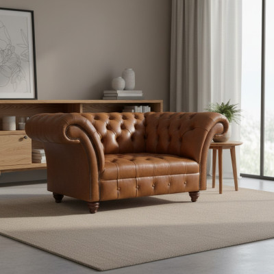 Brązowa kanapa dwuosobowa Chesterfield z designerem ze skóry sztucznej, dwuosobowa.
