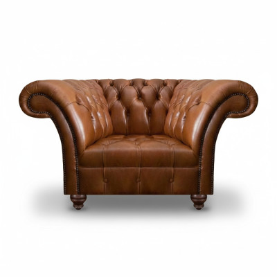 Brązowy fotel jednoosobowy Chesterfield z pokryciem z naturalnej skóry do salonu, pojedyncze siedzisko.